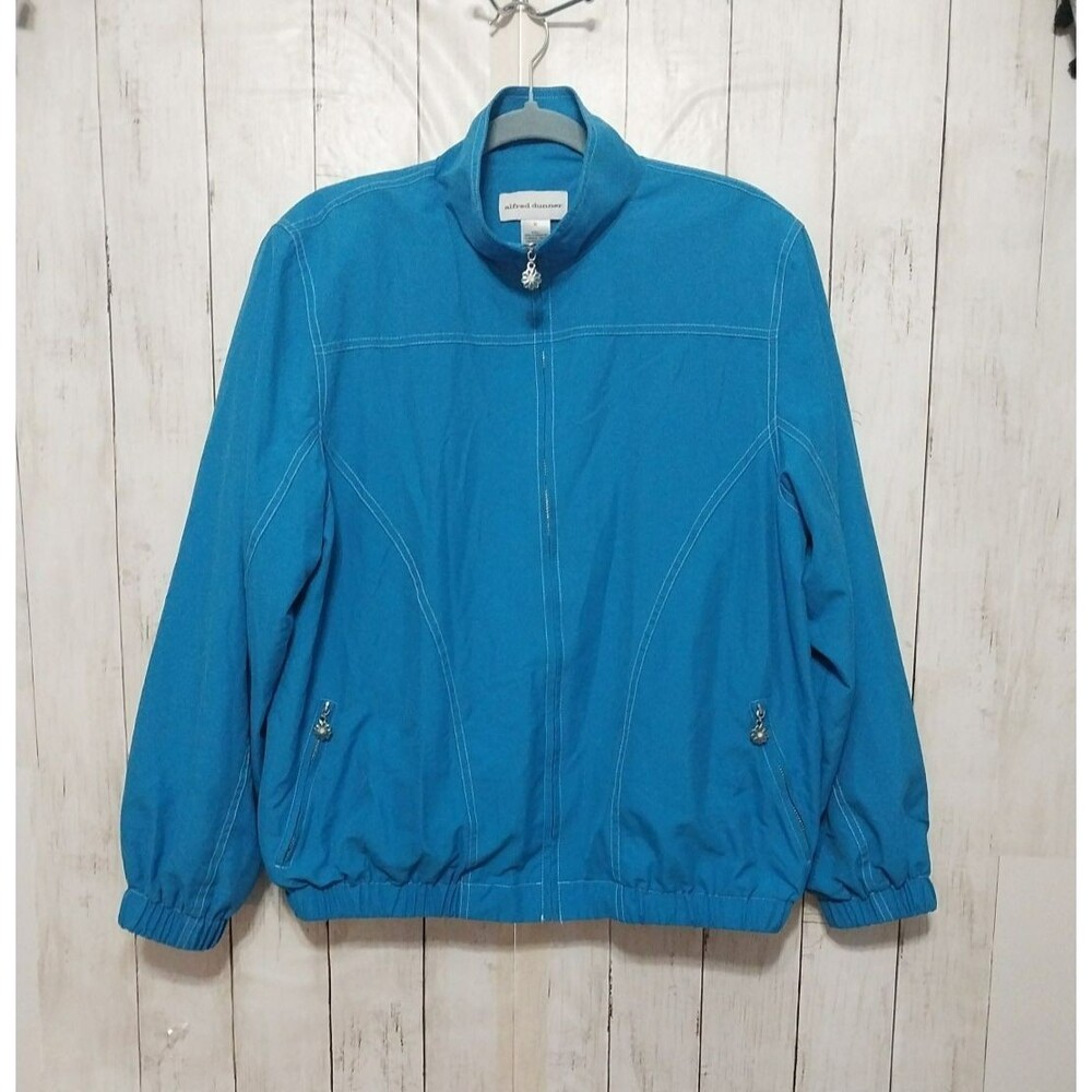 Alfred Dunner Womens Bomber Jacket Blue Floral Accent Zip Up Pockets Size Medium